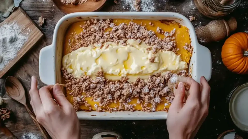 Layered pumpkin dump cake being assembled in a baking dish