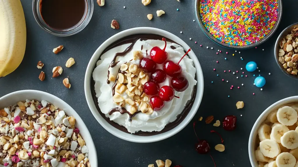 Assorted banana split cake toppings, including maraschino cherries, whipped cream, and chocolate syrup.