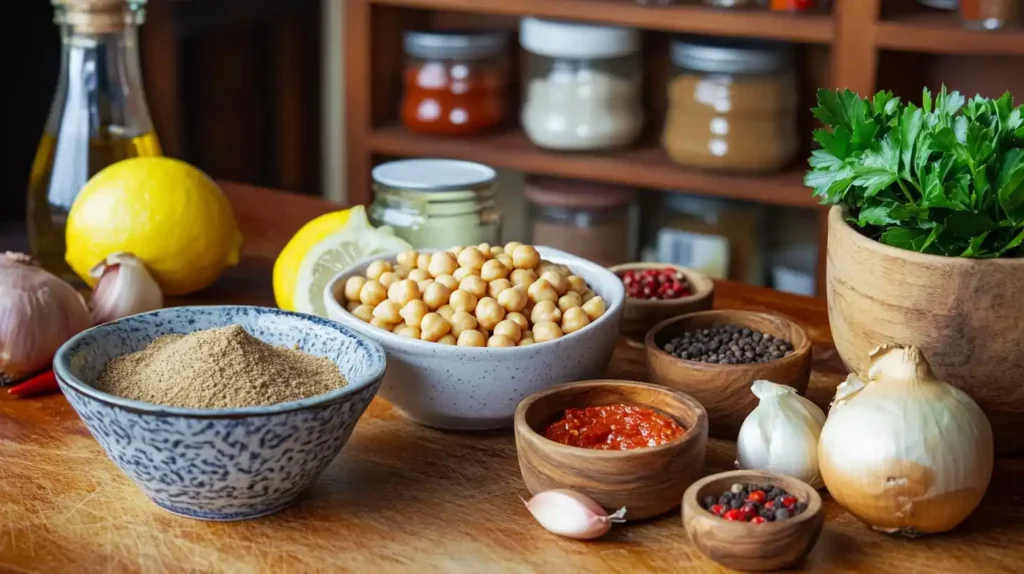 A warm home kitchen scene with traditional Çeciir ingredients neatly arranged on a wooden countertop, including chickpeas, onions, garlic, tomato paste, olive oil, and spices.