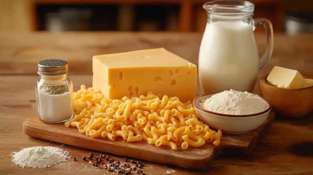 A realistic flat-lay of essential ingredients for Chick-fil-A mac and cheese, including cheddar, Romano, and Parmesan cheeses, elbow pasta, milk, heavy cream, butter, flour, salt, and black pepper on a rustic wooden countertop.