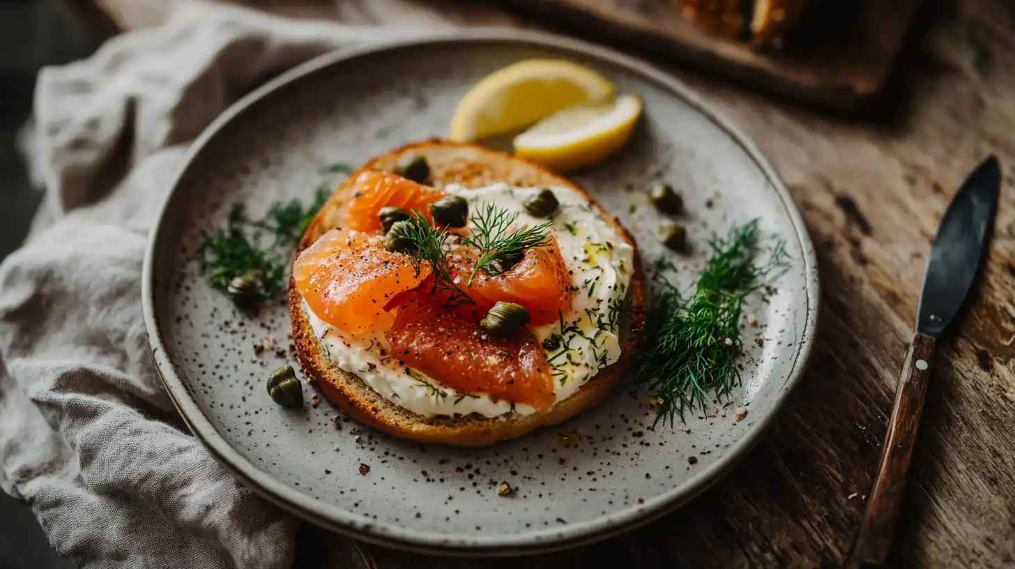 Freshly toasted bagel with cream cheese, smoked salmon, and capers on a wooden board.