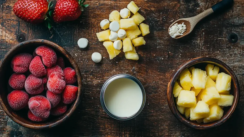 Ingredients for Bahama Mama Tropical Smoothie: strawberries, pineapple, coconut milk, and white chocolate chips on a wooden surface.