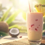 Bahama Mama Tropical Smoothie with pineapple and strawberry garnish on a bamboo mat.