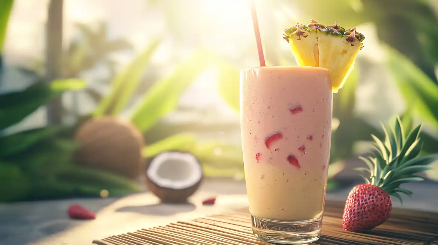 Bahama Mama Tropical Smoothie with pineapple and strawberry garnish on a bamboo mat.