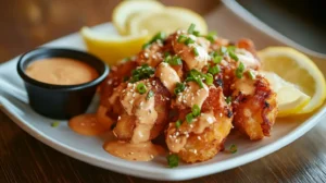 Crispy golden shrimp drizzled with creamy sweet and spicy sauce.