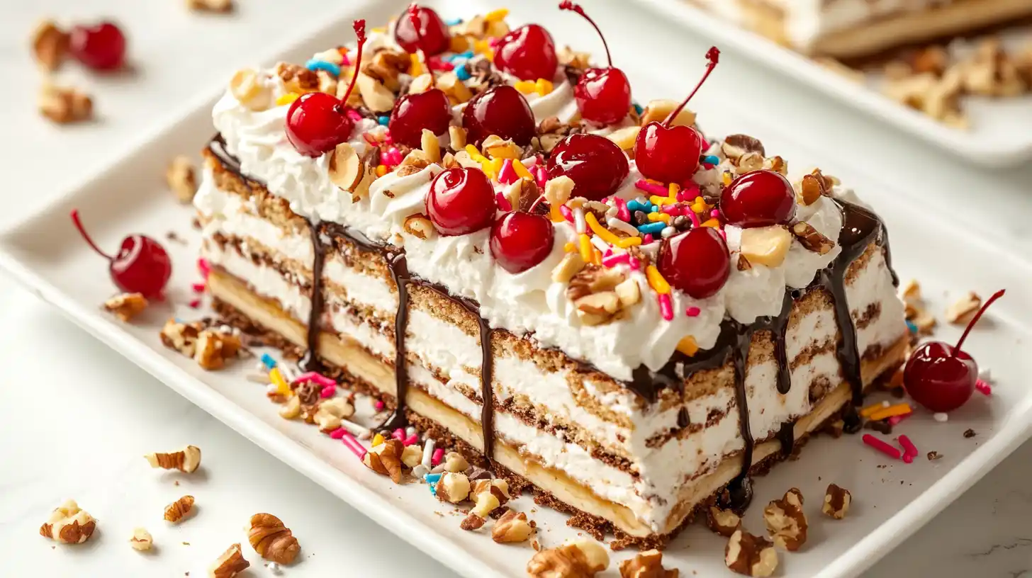 A beautifully decorated banana split cake with whipped cream, cherries, and chocolate drizzle.