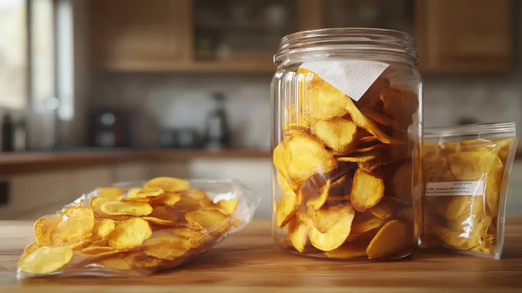 A sealed glass jar filled with crispy golden plantain chips, with a paper towel inside to absorb moisture. A resealable plastic bag with additional chips sits nearby on a wooden countertop, showcasing proper storage methods.