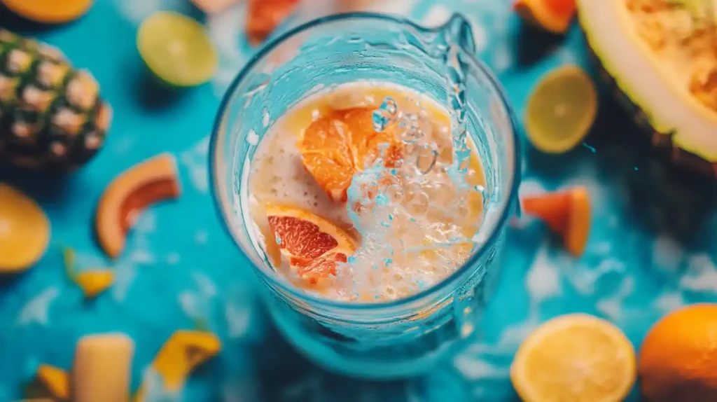 Blender filled with Bahama Mama Tropical Smoothie ingredients in action.