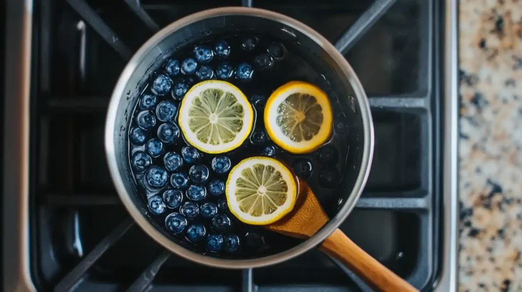 Fresh blueberries simmering in a saucepan with sugar and lemon slices to make preserves.