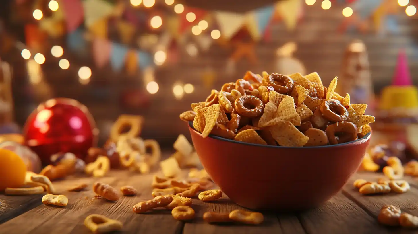 A bowl of Chex Mix on a wooden table surrounded by party decorations.