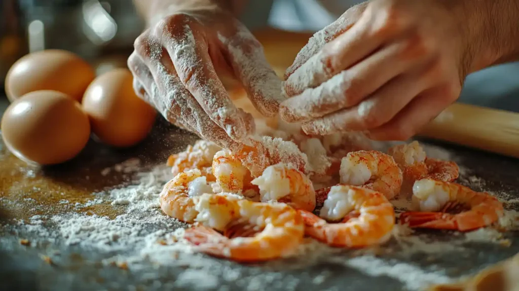 Shrimp being breaded in flour and cornstarch before frying.