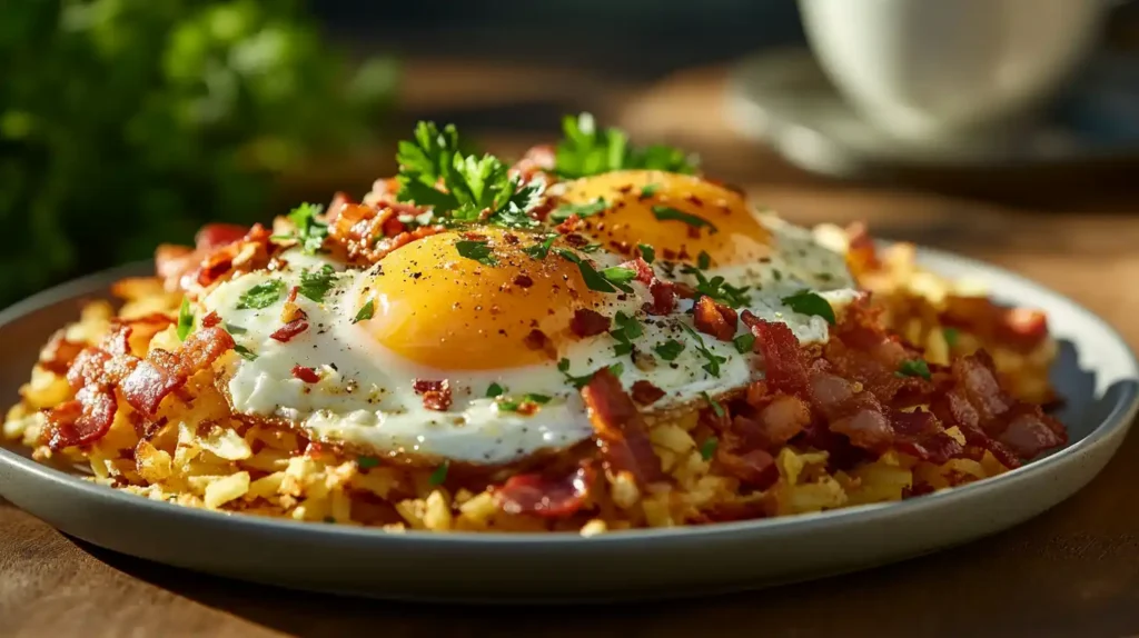 Crispy golden hash browns served with eggs and bacon