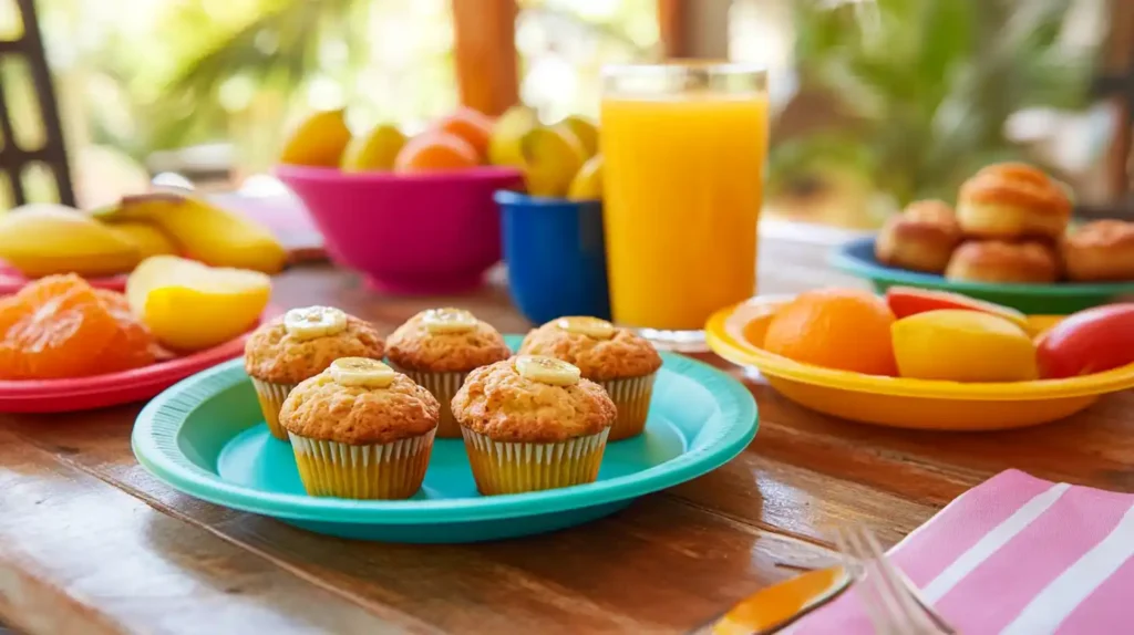 Mini banana muffins served on a breakfast table with fruit and orange juice.