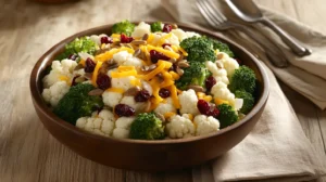 Broccoli cauliflower salad recipe served in a rustic wooden bowl.