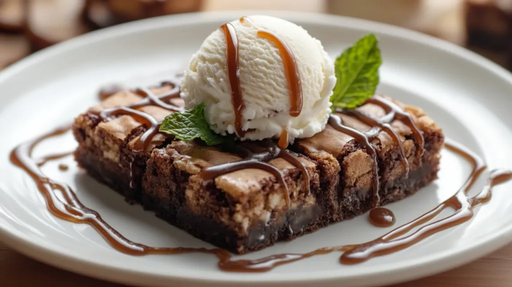 Brookie squares served with ice cream and caramel drizzle.