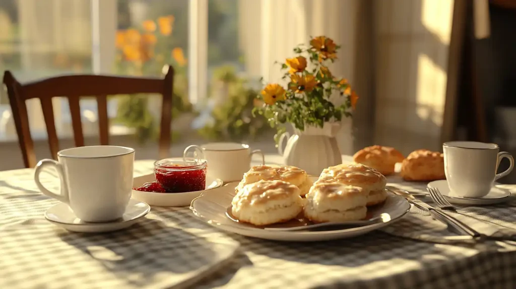 Butter swim biscuits served with sausage gravy, jam, and coffee.