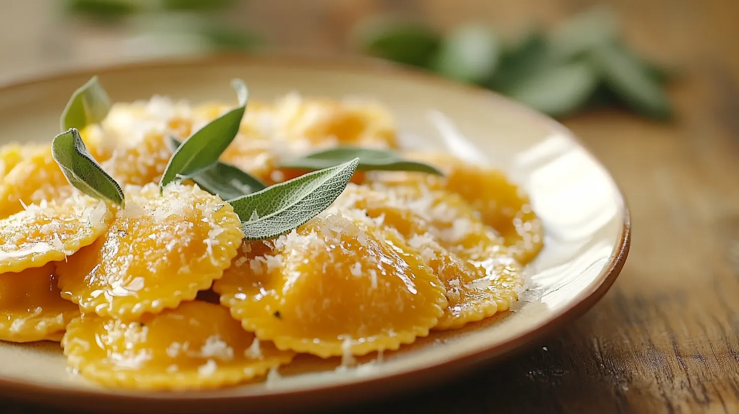 A plate of butternut squash ravioli drizzled with sage butter sauce