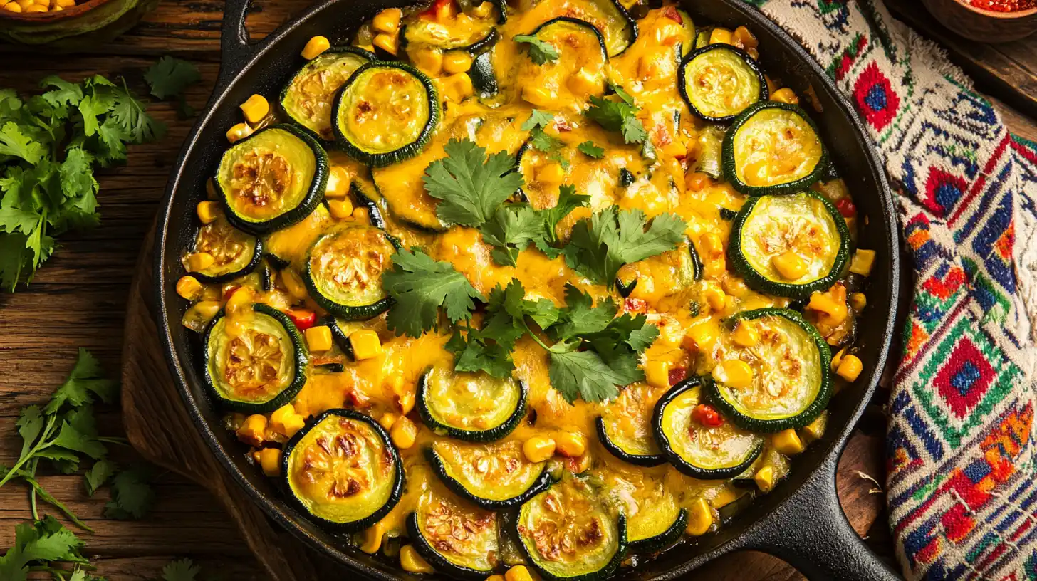 Skillet of Calabacitas Con Queso with melted cheese and vegetables.