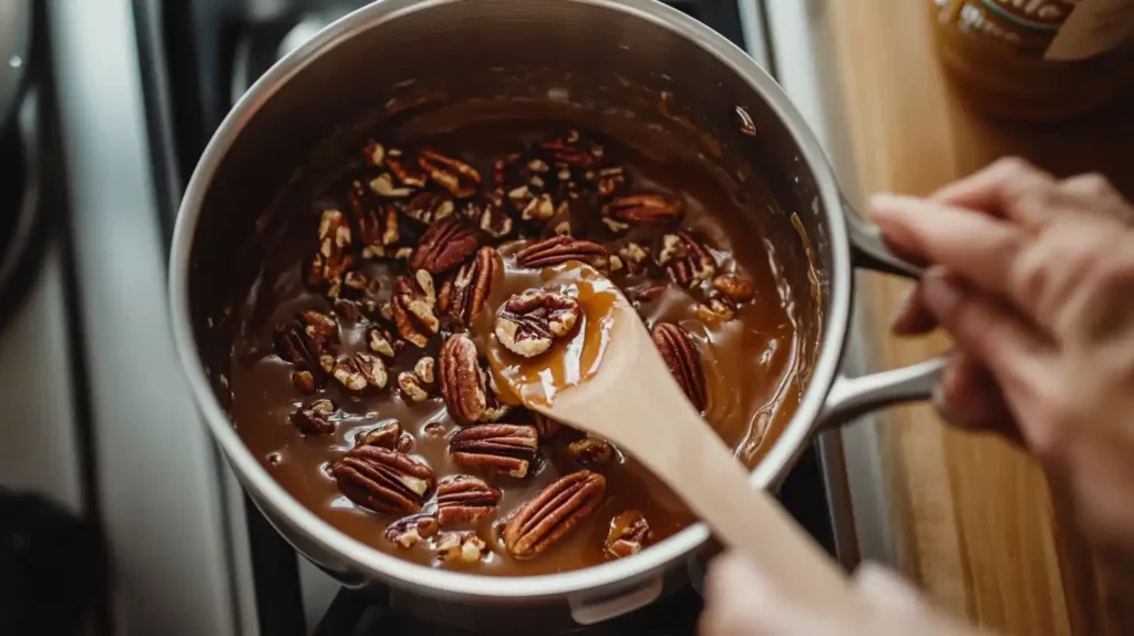 Bubbling caramel and pecans in a saucepan during candy-making.