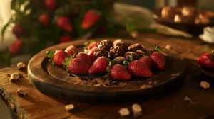 Fresh strawberries dipped in a glossy carob coating on a wooden platter