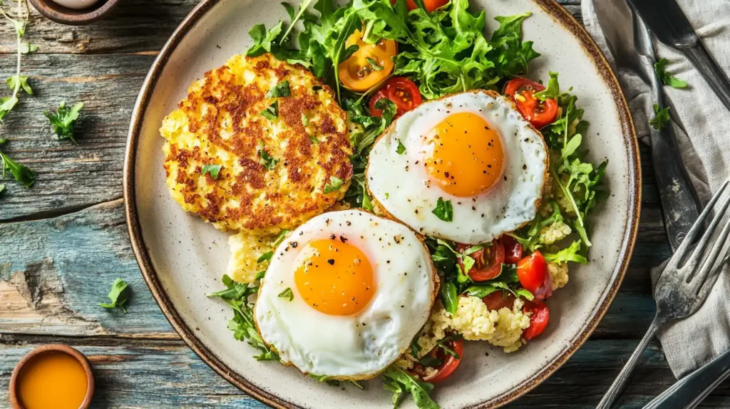 A breakfast plate with cauliflower hash browns, poached eggs, and fresh salad.