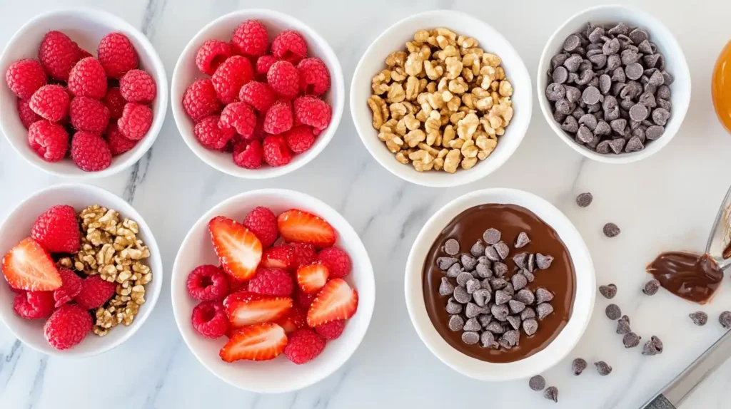 A variety of toppings for no bake chocolate cheesecake, including fruits, nuts, and chocolate sauce.