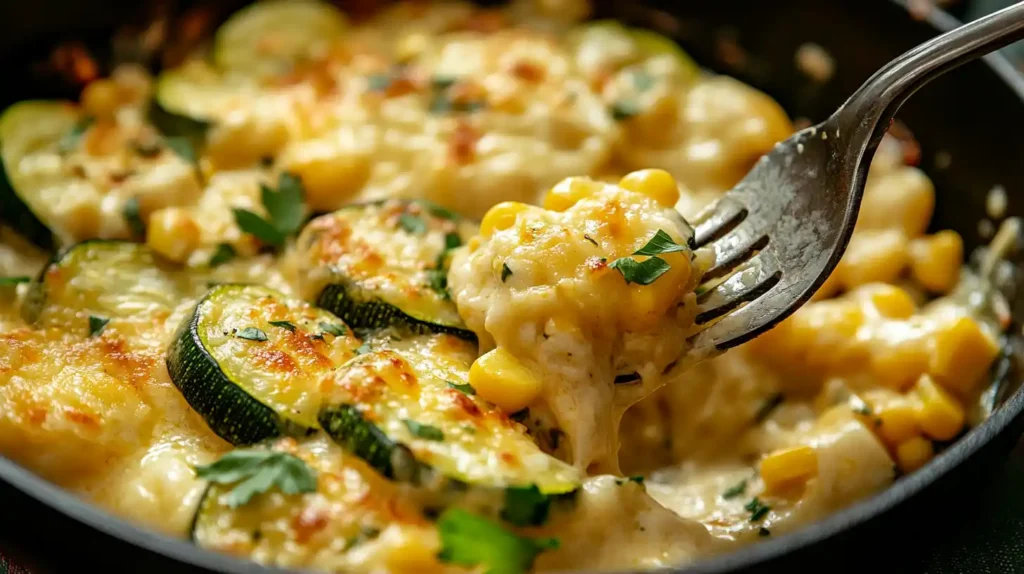 Fork scooping cheesy zucchini from Calabacitas Con Queso skillet.