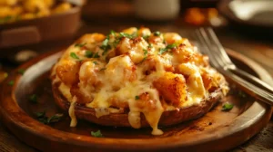 Golden crispy hash browns with melted cheese served on a rustic wooden plate