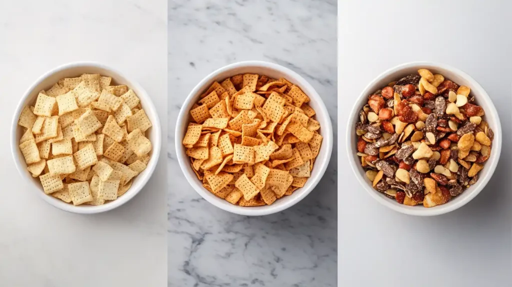 Three snack bowls showing Chex Mix, potato chips, and trail mix with nutritional labels.