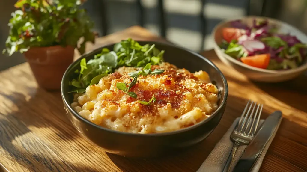 Bowl of Chick-fil-A-style mac and cheese on a wooden table.