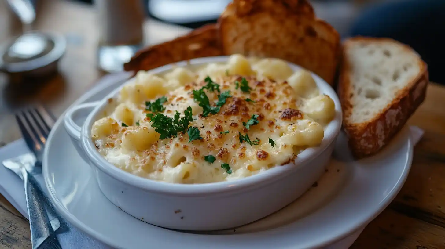 Plate of mac and cheese with parsley and garlic bread.