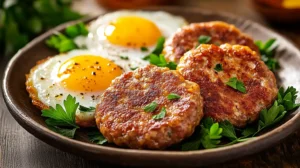 Freshly cooked chicken breakfast sausage patties on a rustic plate with eggs and herbs.