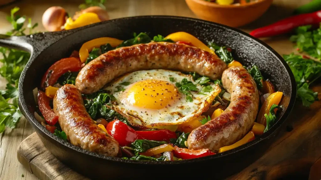 A hearty breakfast skillet with chicken sausage, eggs, and colorful vegetables.