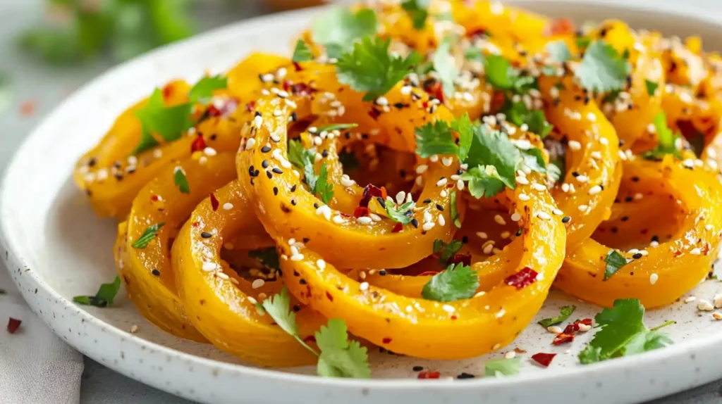 A plate of Chinese squash noodles garnished with sesame seeds and chili flakes.