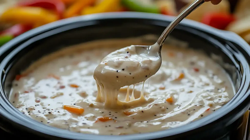 Smoky chipotle queso in a slow cooker with a ladle.