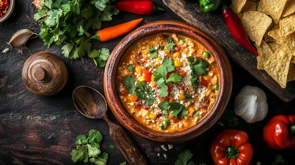 Creamy chipotle queso served with tortilla chips and peppers.