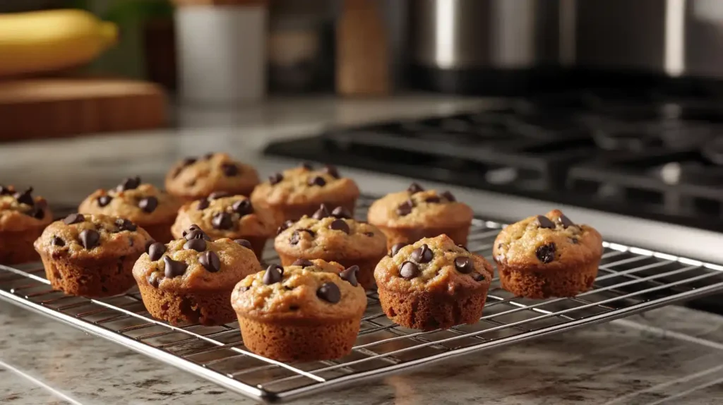 Close-up of mini banana muffins with chocolate chips cooling on a rack.