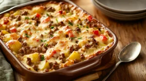 A beautifully baked hobo casserole recipe with golden cheese crust in a rustic dish.