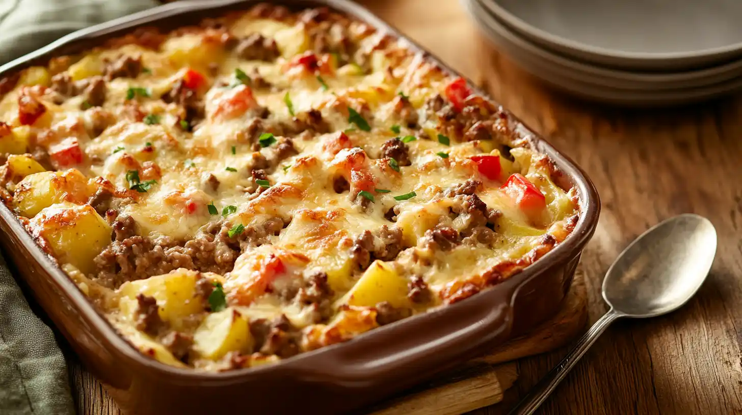 A beautifully baked hobo casserole recipe with golden cheese crust in a rustic dish.