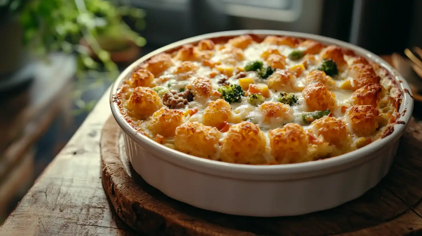 A freshly baked Rick Nolan hotdish with golden tater tots on top, served in a casserole dish.