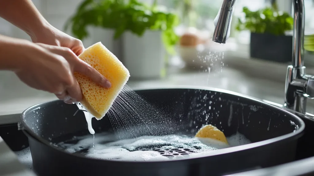 Cleaning an air fryer basket with warm soapy water and a sponge.