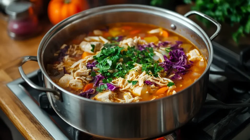 A pot of chicken and cabbage soup simmering on a stovetop.