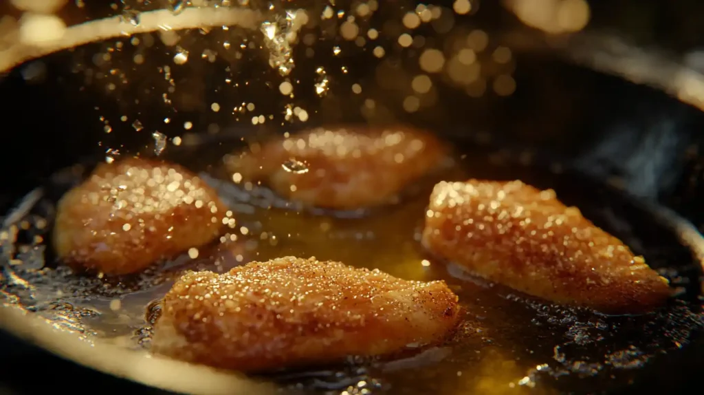 Golden-brown chicken breasts searing in a skillet.