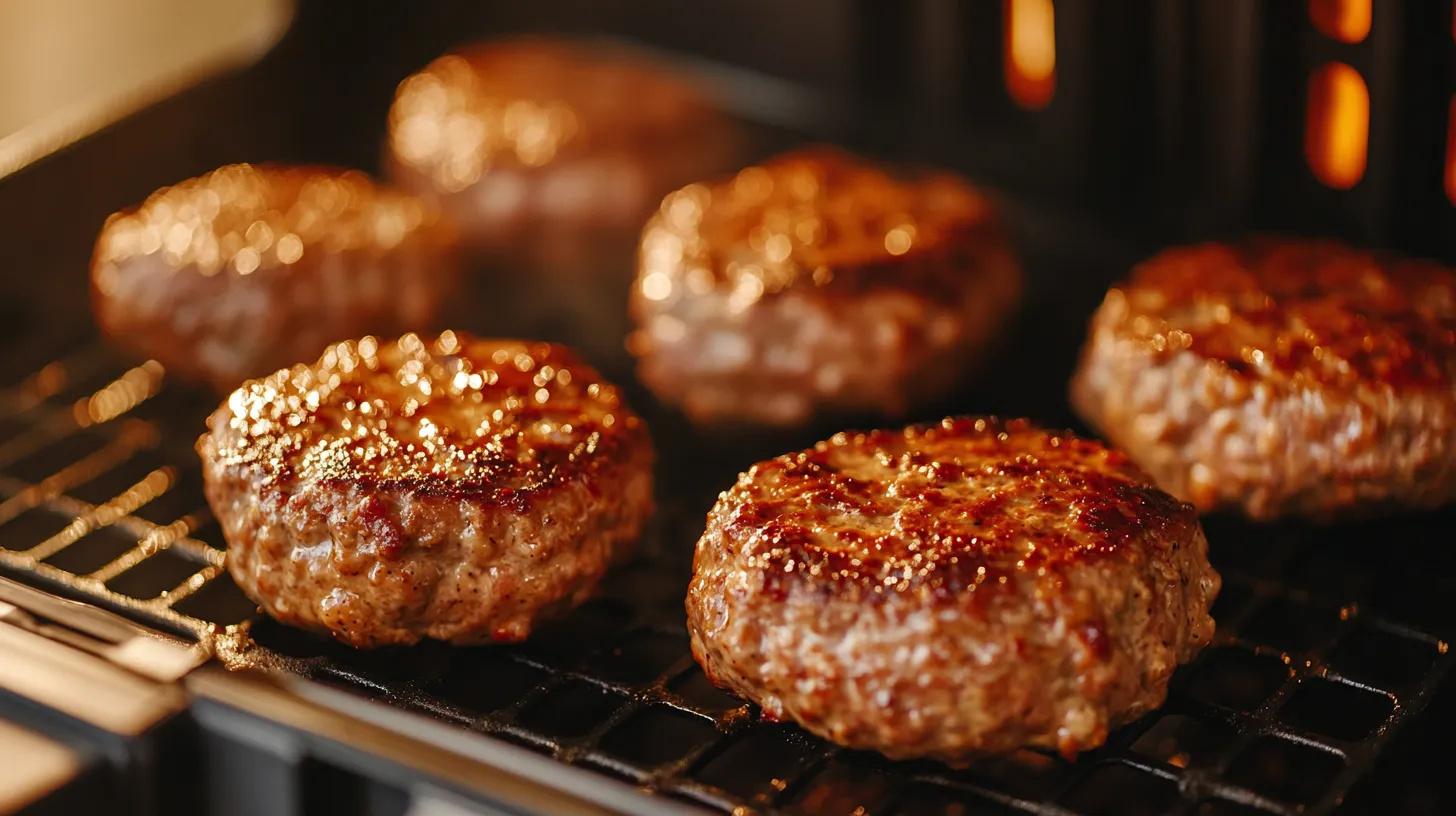 turkey burgers being cooked in an air fryer with golden edges.