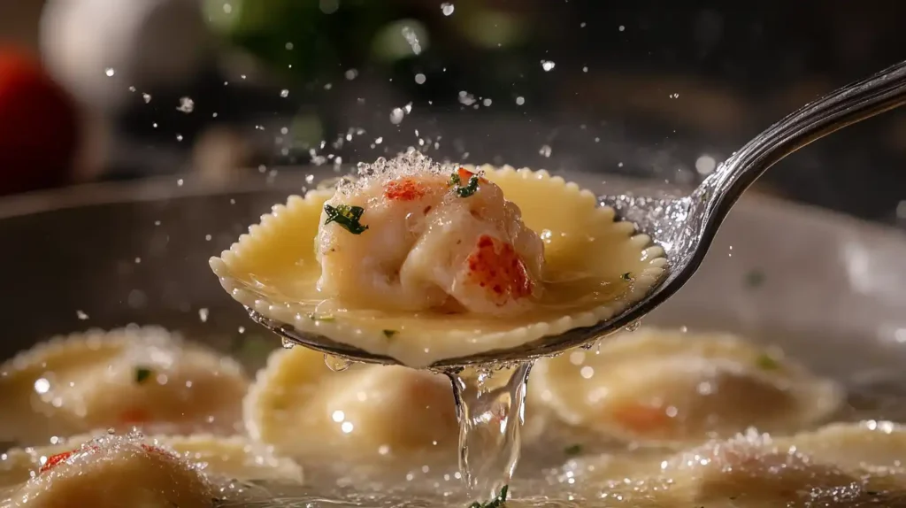 Lobster ravioli being lifted from simmering water with a slotted spoon, no steam.