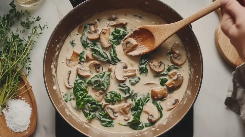 Mushrooms and spinach being sautéed in a skillet with creamy sauce.