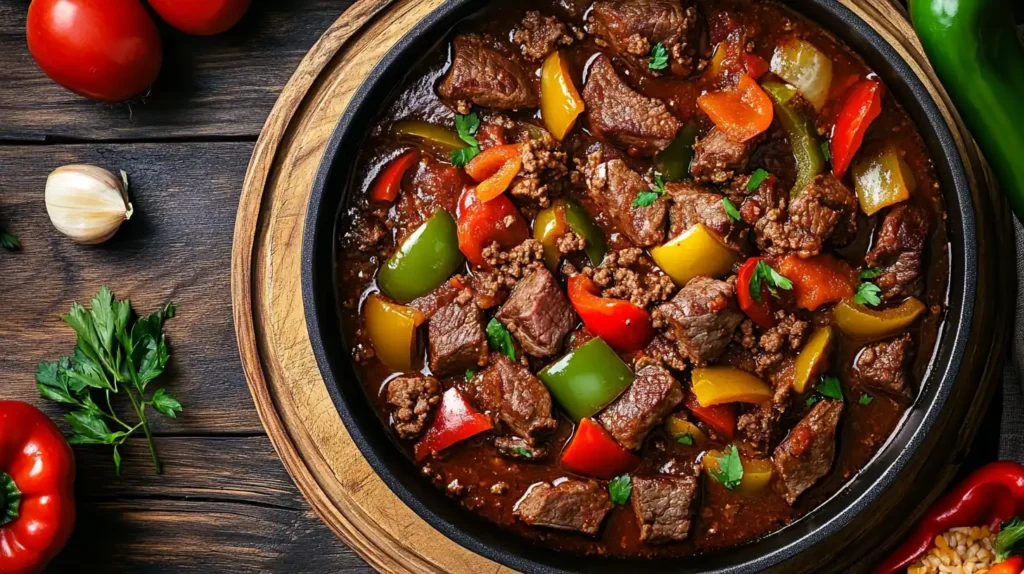 Steak and ground beef being cooked in a pot, surrounded by vegetables, spices, and bubbling tomato sauce.