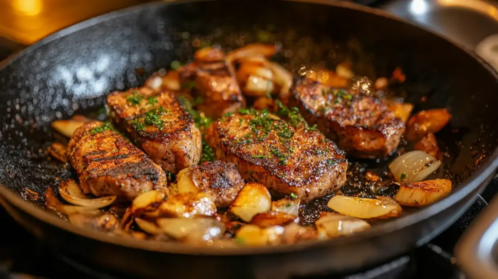 Meat and onions cooking in a skillet with spices