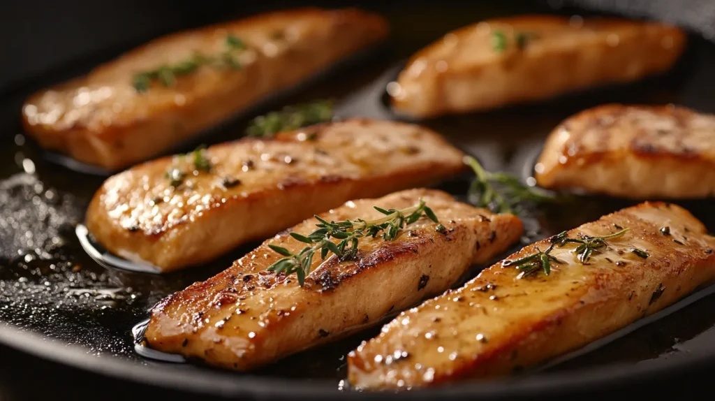 Thin sliced chicken breast cooking in a cast iron skillet.