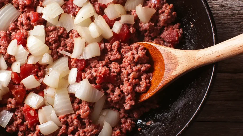 Sautéing ground beef, onions, and garlic in a skillet with a wooden spoon.